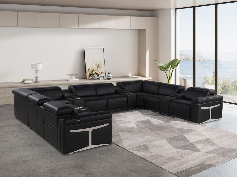Black Italian Leather Power Reclining U Shaped Twelve Piece Sectional With Console HomeRoots