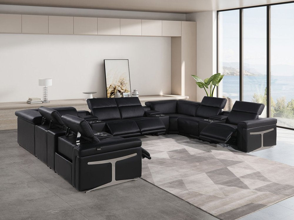 Black Italian Leather Power Reclining U Shaped Twelve Piece Sectional With Console HomeRoots