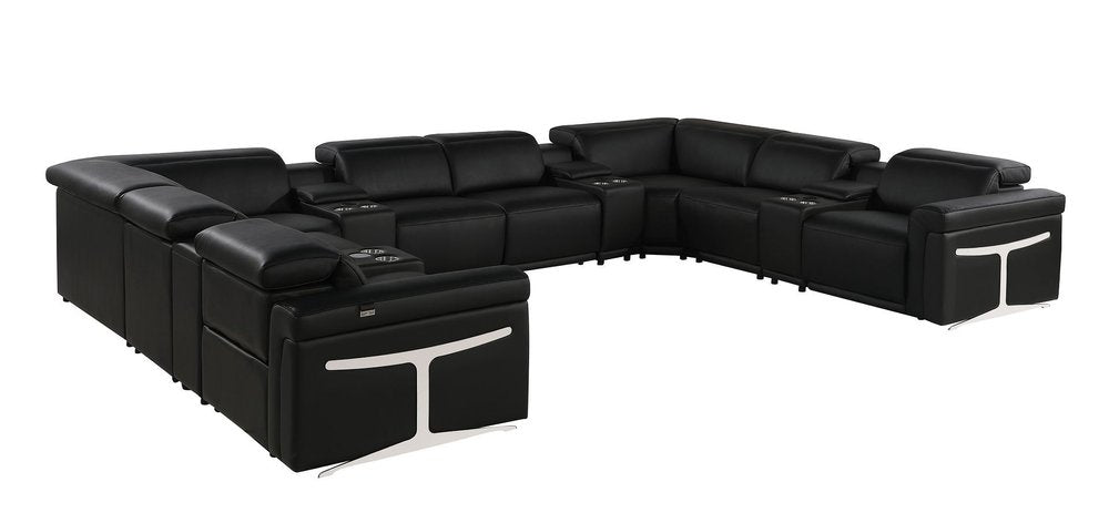 Black Italian Leather Power Reclining U Shaped Twelve Piece Sectional With Console HomeRoots