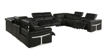 Black Italian Leather Power Reclining U Shaped Twelve Piece Sectional With Console HomeRoots