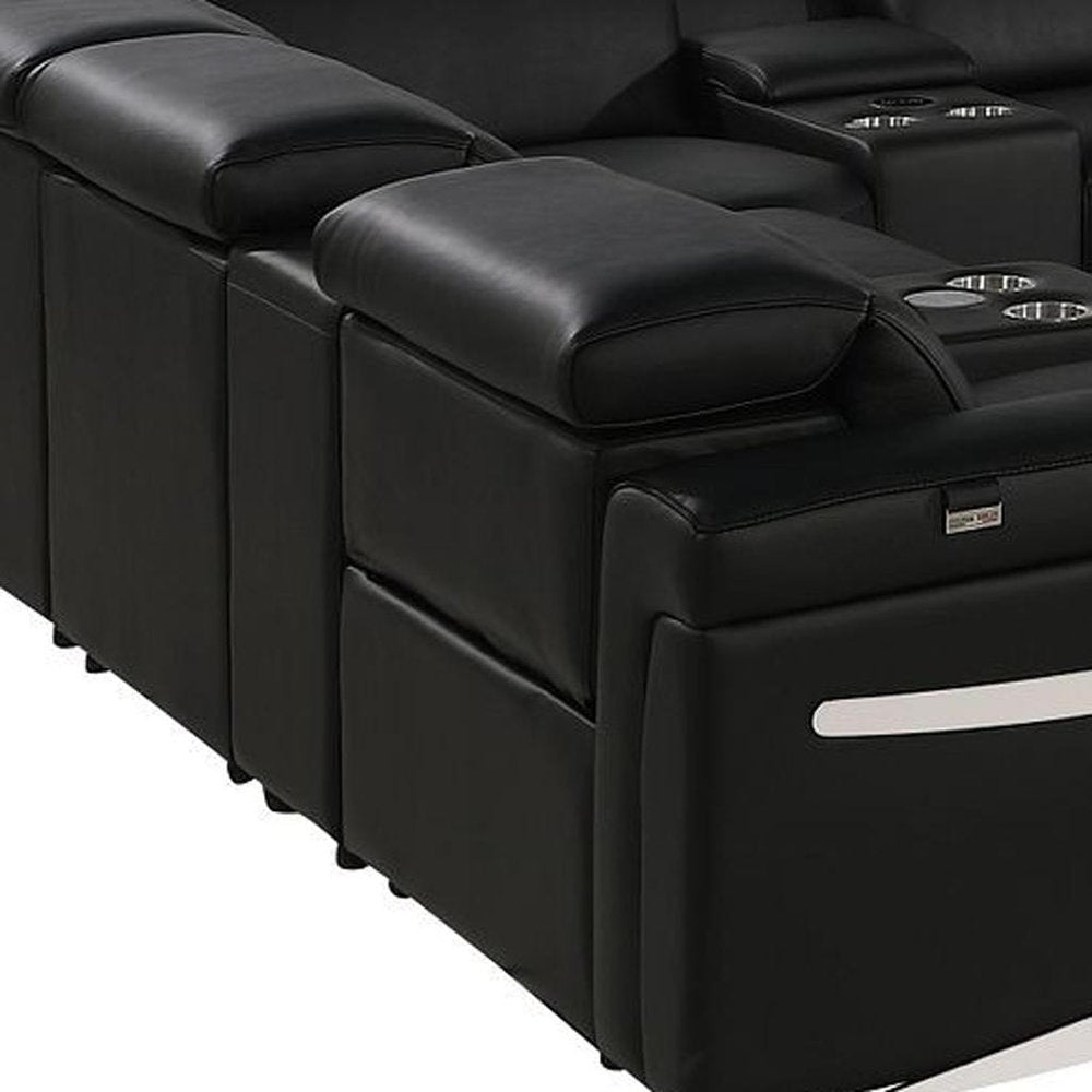 Black Italian Leather Power Reclining U Shaped Twelve Piece Sectional With Console HomeRoots