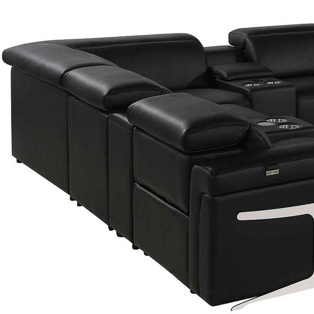 Black Italian Leather Power Reclining U Shaped Twelve Piece Sectional With Console HomeRoots