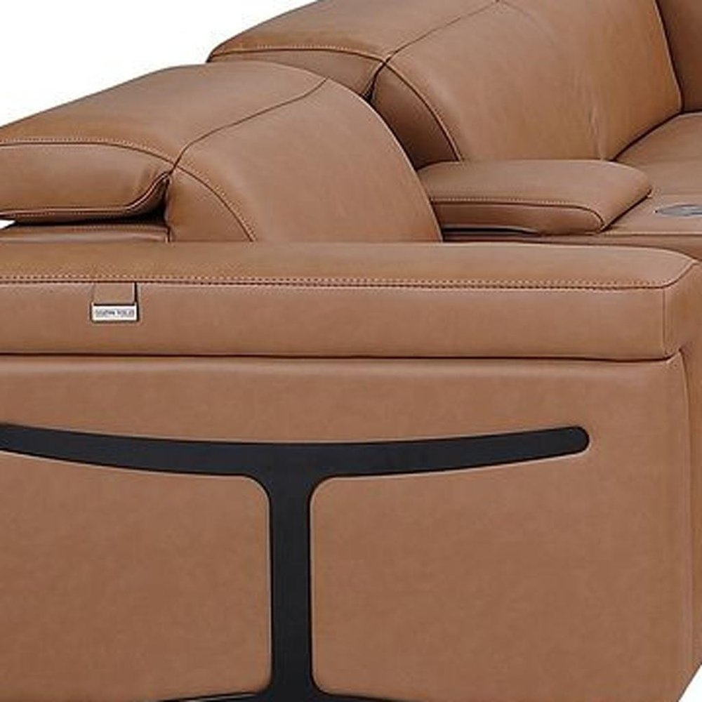 Chestnut Italian Leather Power Reclining U Shaped Twelve Piece Sectional With Console HomeRoots