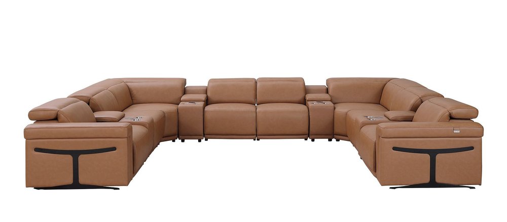 Chestnut Italian Leather Power Reclining U Shaped Twelve Piece Sectional With Console HomeRoots
