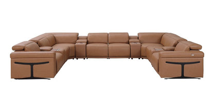 Chestnut Italian Leather Power Reclining U Shaped Twelve Piece Sectional With Console HomeRoots