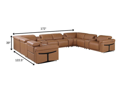 Chestnut Italian Leather Power Reclining U Shaped Twelve Piece Sectional With Console HomeRoots