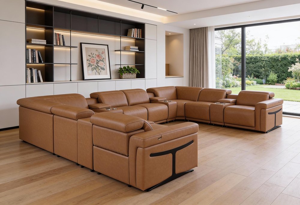 Chestnut Italian Leather Power Reclining U Shaped Twelve Piece Sectional With Console HomeRoots