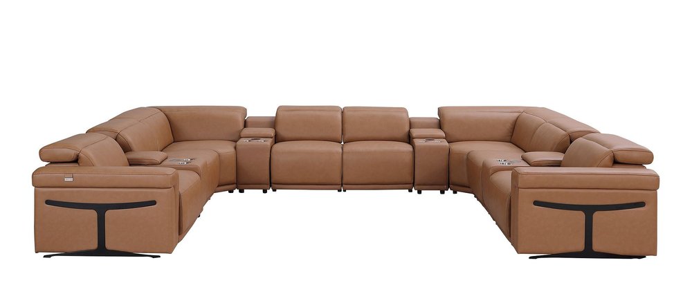 Chestnut Italian Leather Power Reclining U Shaped Twelve Piece Sectional With Console HomeRoots