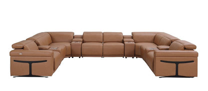 Chestnut Italian Leather Power Reclining U Shaped Twelve Piece Sectional With Console HomeRoots