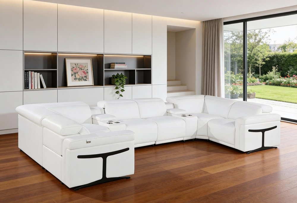 White Italian Leather Power Reclining U Shaped Eight Piece Sectional With Console HomeRoots