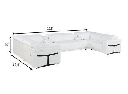 White Italian Leather Power Reclining U Shaped Eight Piece Sectional With Console - FurniFindUSA