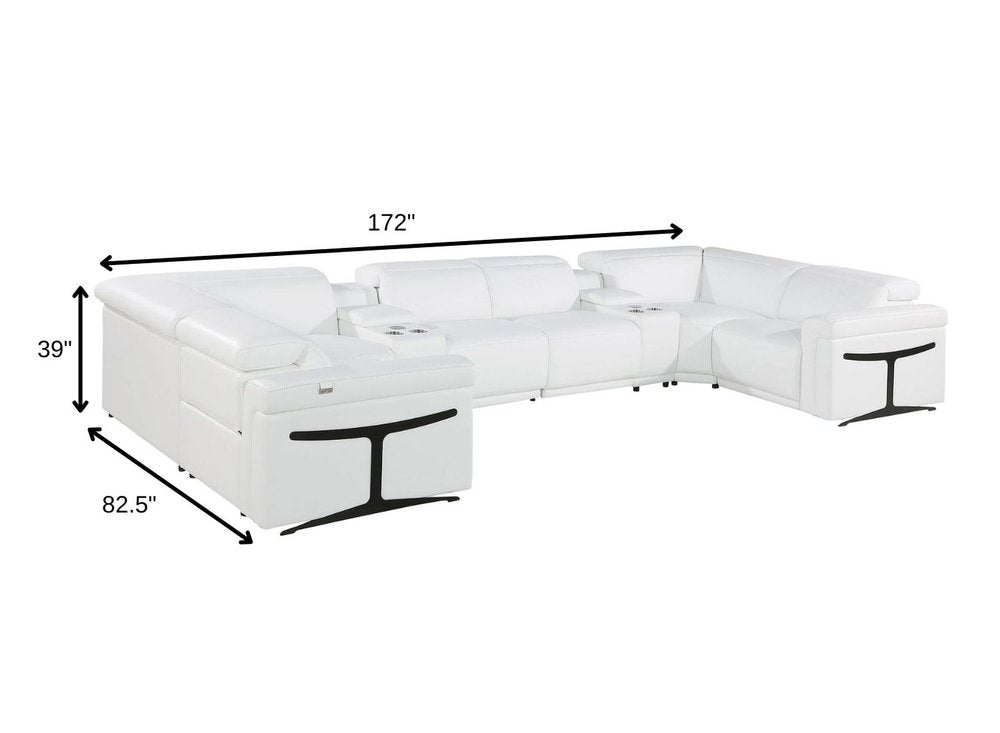 White Italian Leather Power Reclining U Shaped Eight Piece Sectional With Console HomeRoots