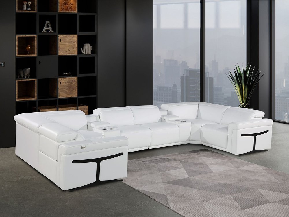 White Italian Leather Power Reclining U Shaped Eight Piece Sectional With Console - FurniFindUSA
