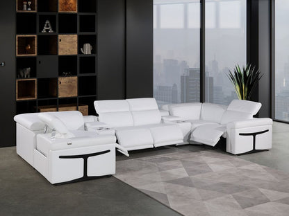 White Italian Leather Power Reclining U Shaped Eight Piece Sectional With Console - FurniFindUSA