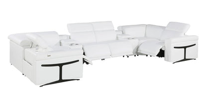 White Italian Leather Power Reclining U Shaped Eight Piece Sectional With Console - FurniFindUSA