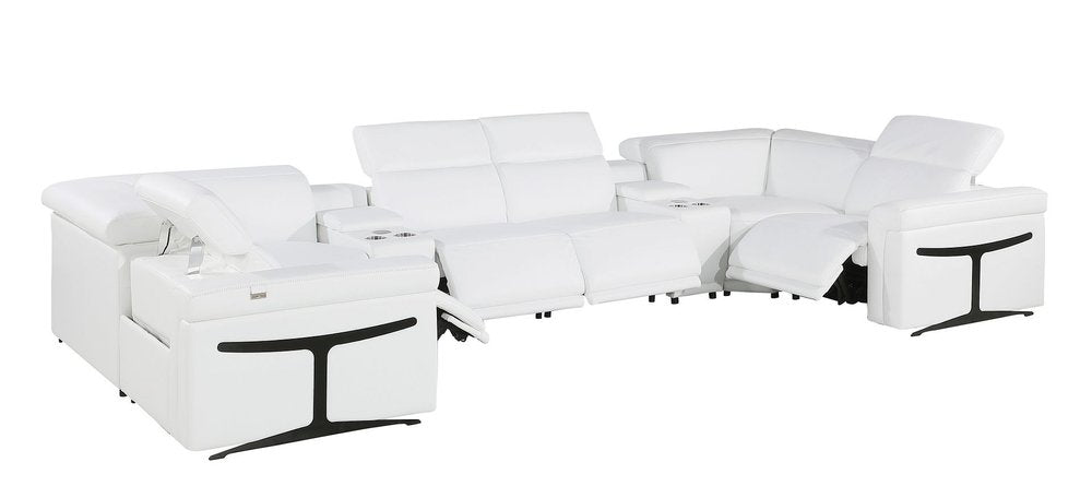 White Italian Leather Power Reclining U Shaped Eight Piece Sectional With Console HomeRoots
