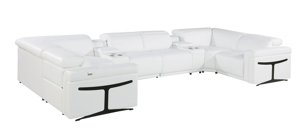 White Italian Leather Power Reclining U Shaped Eight Piece Sectional With Console HomeRoots