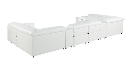 White Italian Leather Power Reclining U Shaped Eight Piece Sectional With Console - FurniFindUSA