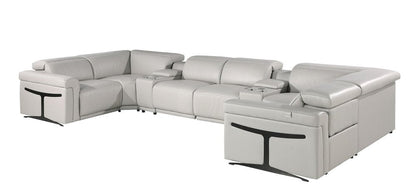 Light Gray Italian Leather Power Reclining U Shaped Eight Piece Corner Sectional With Console HomeRoots