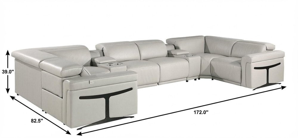 Light Gray Italian Leather Power Reclining U Shaped Eight Piece Corner Sectional With Console HomeRoots