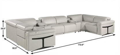 Light Gray Italian Leather Power Reclining U Shaped Eight Piece Corner Sectional With Console HomeRoots