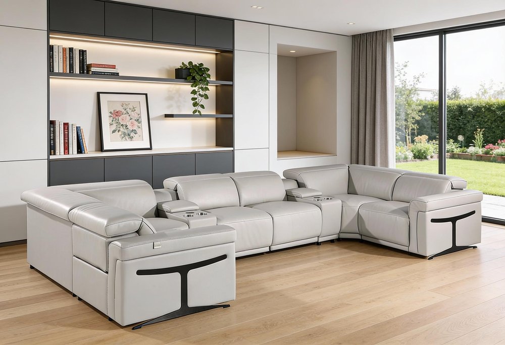 Light Gray Italian Leather Power Reclining U Shaped Eight Piece Corner Sectional With Console HomeRoots