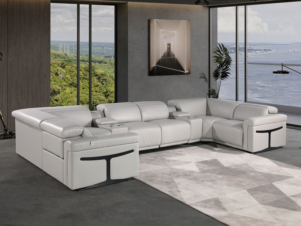 Light Gray Italian Leather Power Reclining U Shaped Eight Piece Corner Sectional With Console HomeRoots