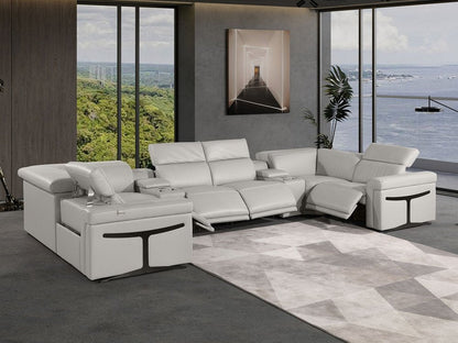 Light Gray Italian Leather Power Reclining U Shaped Eight Piece Corner Sectional With Console HomeRoots
