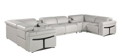 Light Gray Italian Leather Power Reclining U Shaped Eight Piece Corner Sectional With Console HomeRoots