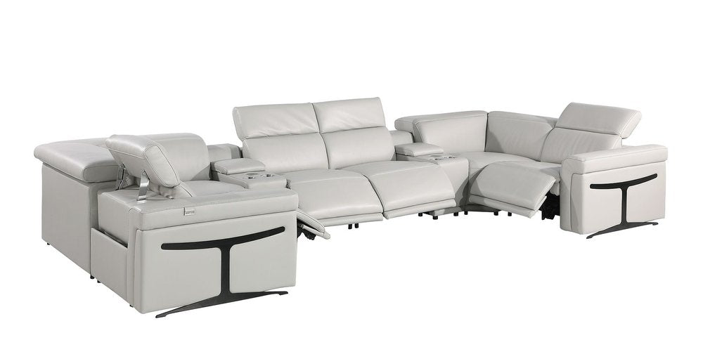 Light Gray Italian Leather Power Reclining U Shaped Eight Piece Corner Sectional With Console HomeRoots
