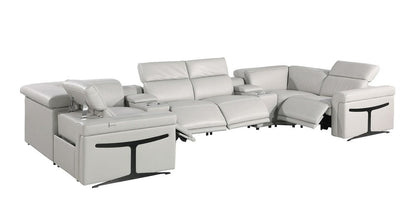 Light Gray Italian Leather Power Reclining U Shaped Eight Piece Corner Sectional With Console HomeRoots