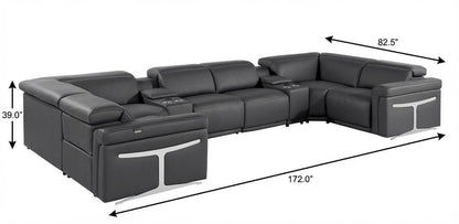 Dark Gray Italian Leather Power Reclining U Shaped Eight Piece Sectional With Console - FurniFindUSA