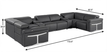 Dark Gray Italian Leather Power Reclining U Shaped Eight Piece Sectional With Console HomeRoots