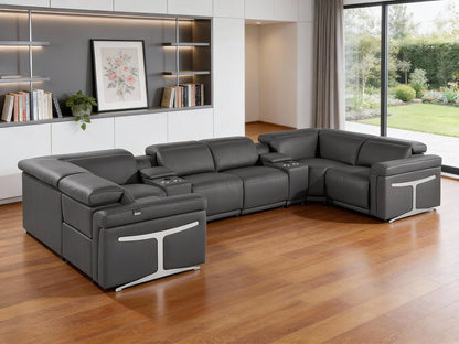Dark Gray Italian Leather Power Reclining U Shaped Eight Piece Sectional With Console HomeRoots