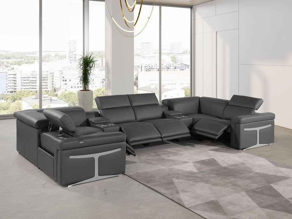 Dark Gray Italian Leather Power Reclining U Shaped Eight Piece Sectional With Console - FurniFindUSA