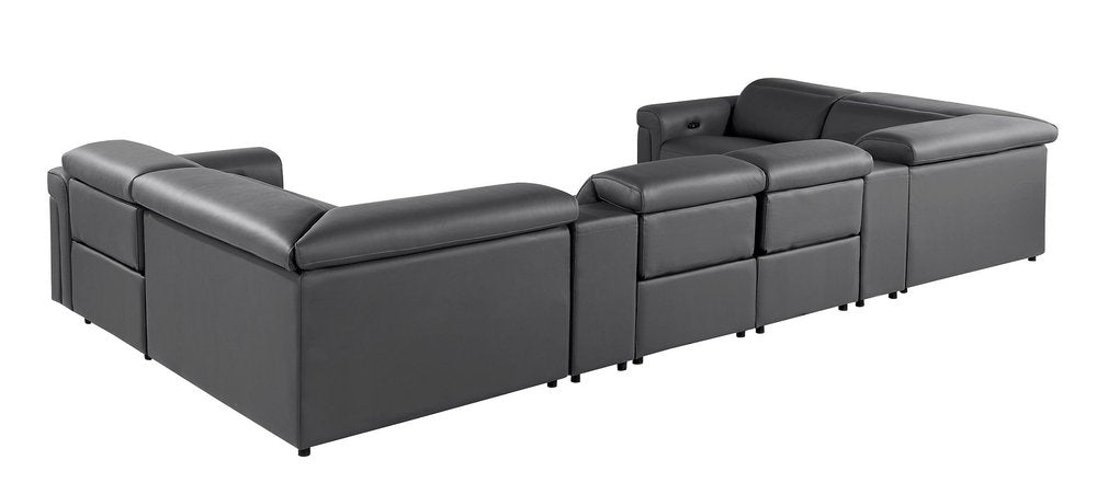 Dark Gray Italian Leather Power Reclining U Shaped Eight Piece Sectional With Console HomeRoots