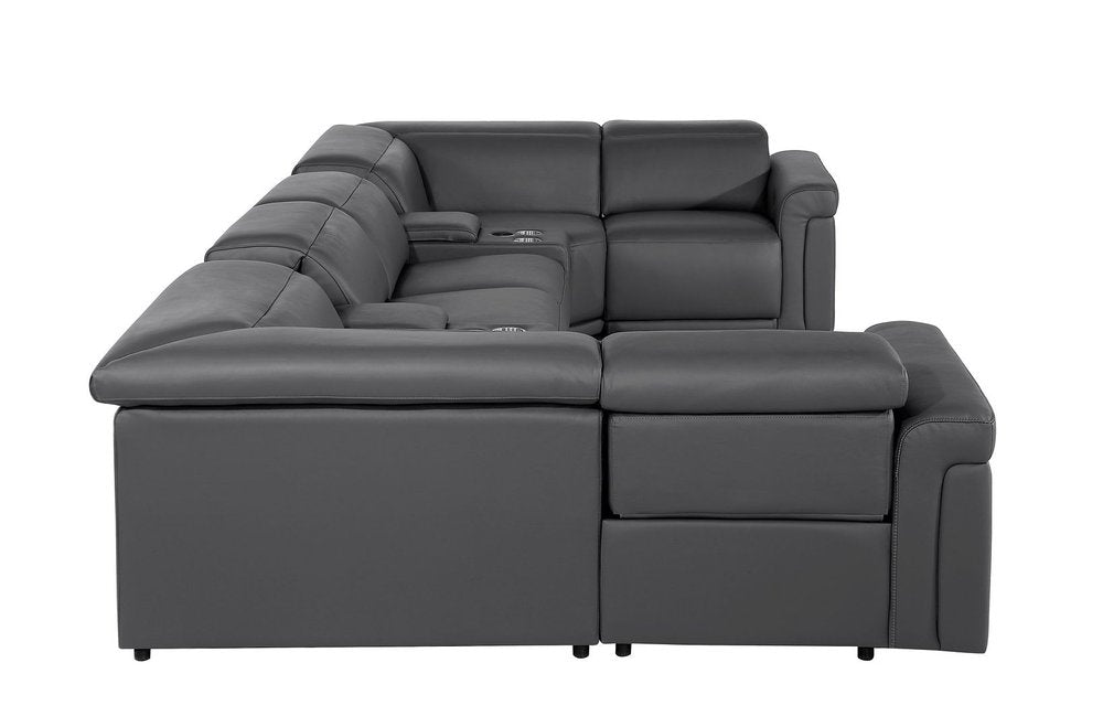 Dark Gray Italian Leather Power Reclining U Shaped Eight Piece Sectional With Console HomeRoots