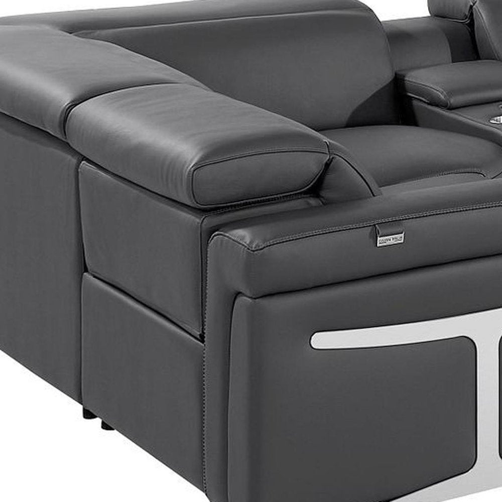 Dark Gray Italian Leather Power Reclining U Shaped Eight Piece Sectional With Console HomeRoots