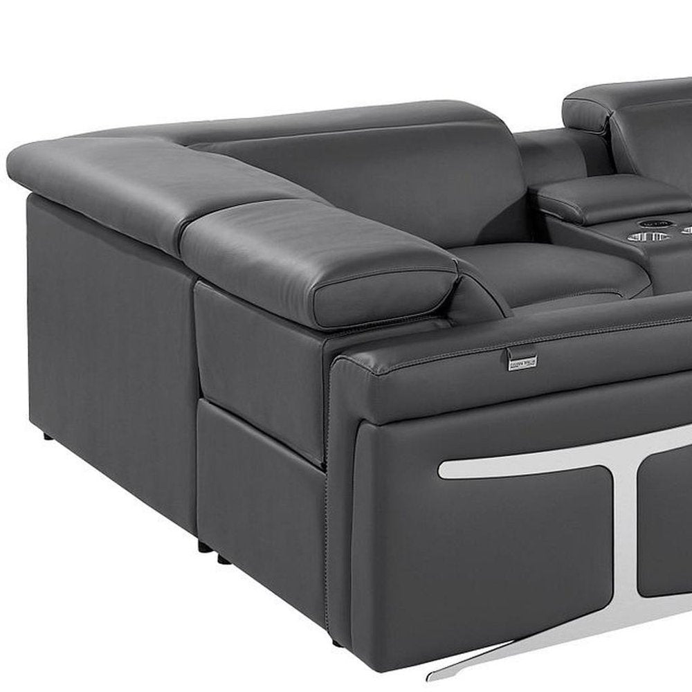 Dark Gray Italian Leather Power Reclining U Shaped Eight Piece Sectional With Console HomeRoots