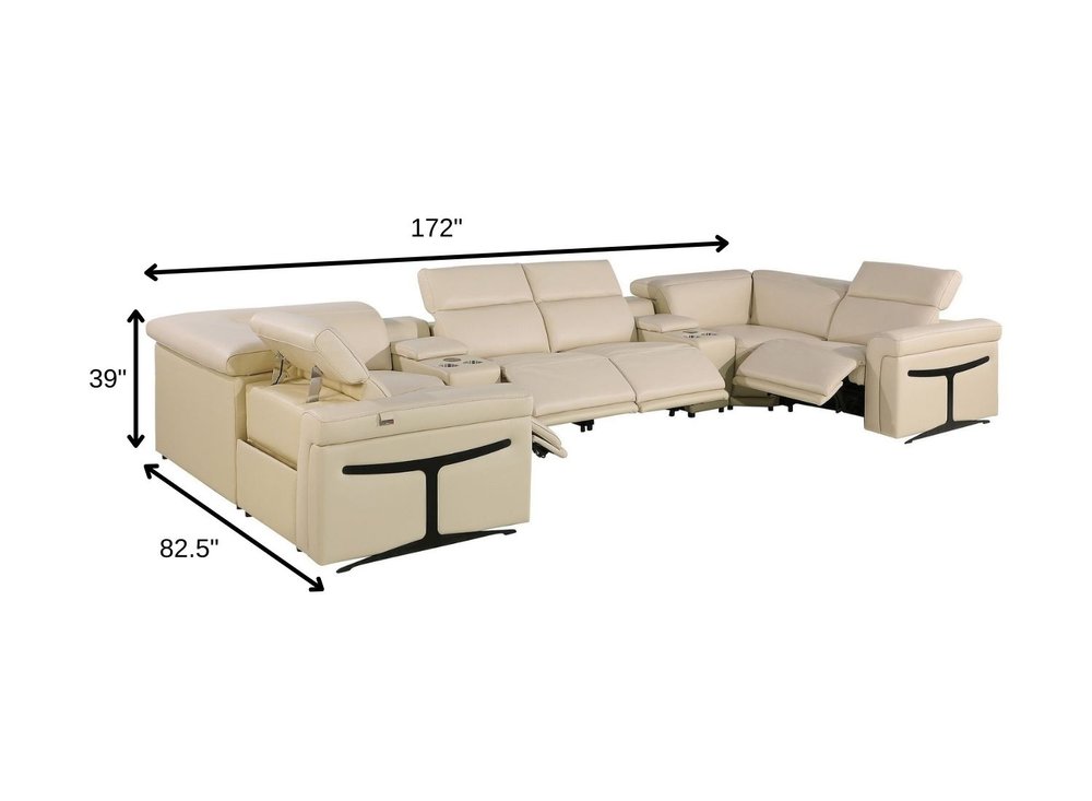 Beige Italian Leather Power Reclining U Shaped Eight Piece Sectional With Console HomeRoots