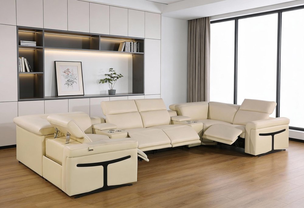Beige Italian Leather Power Reclining U Shaped Eight Piece Sectional With Console HomeRoots