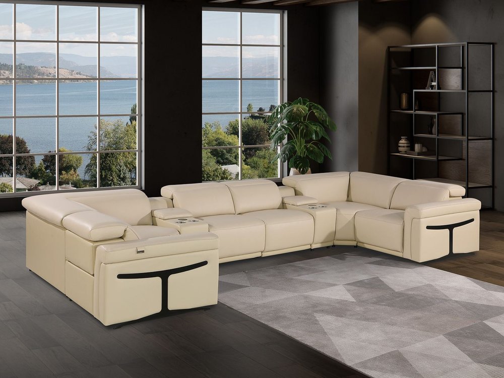 Beige Italian Leather Power Reclining U Shaped Eight Piece Sectional With Console - FurniFindUSA