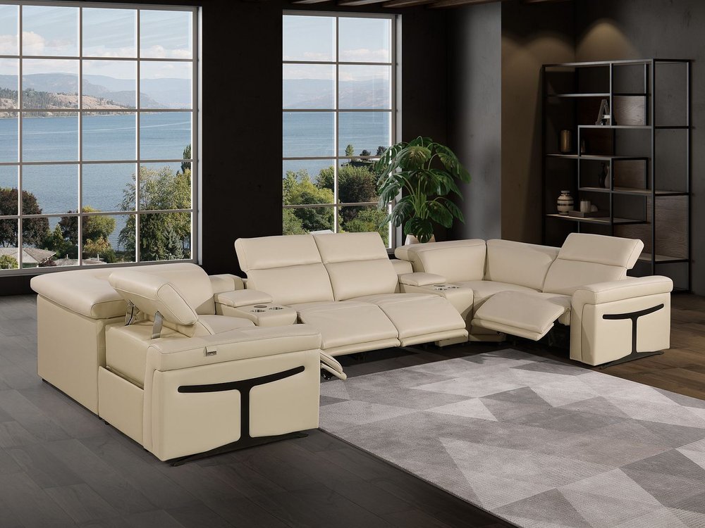 Beige Italian Leather Power Reclining U Shaped Eight Piece Sectional With Console - FurniFindUSA