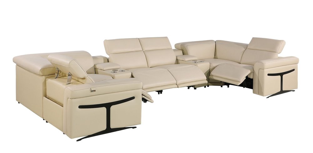 Beige Italian Leather Power Reclining U Shaped Eight Piece Sectional With Console HomeRoots