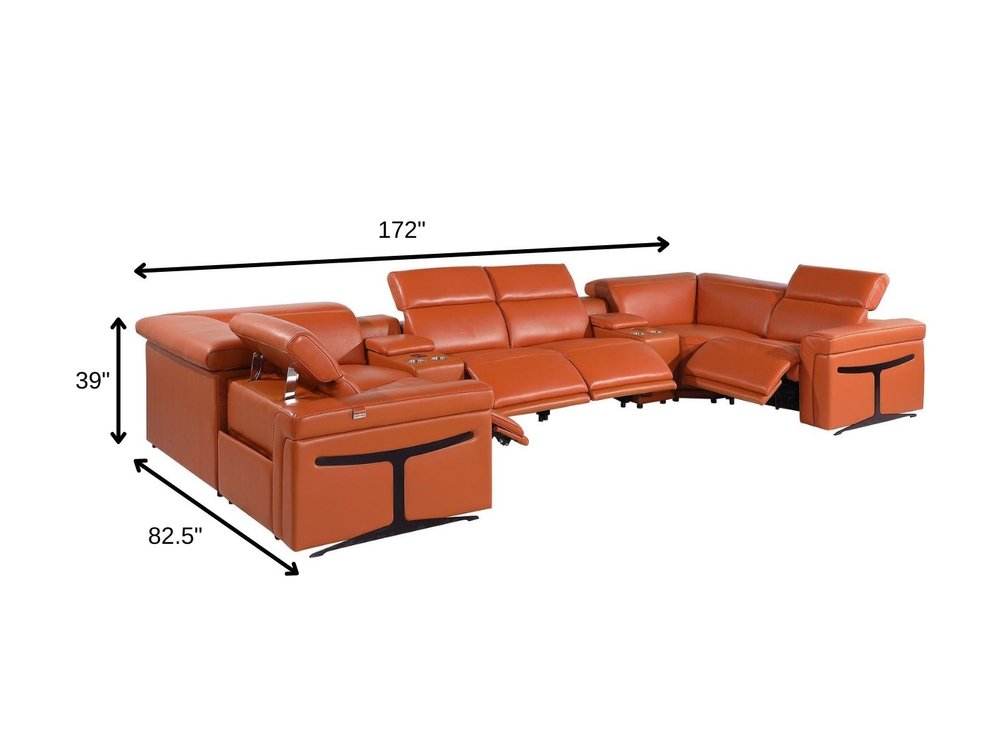 Camel Italian Leather Power Reclining U Shaped Eight Piece Sectional With Console HomeRoots
