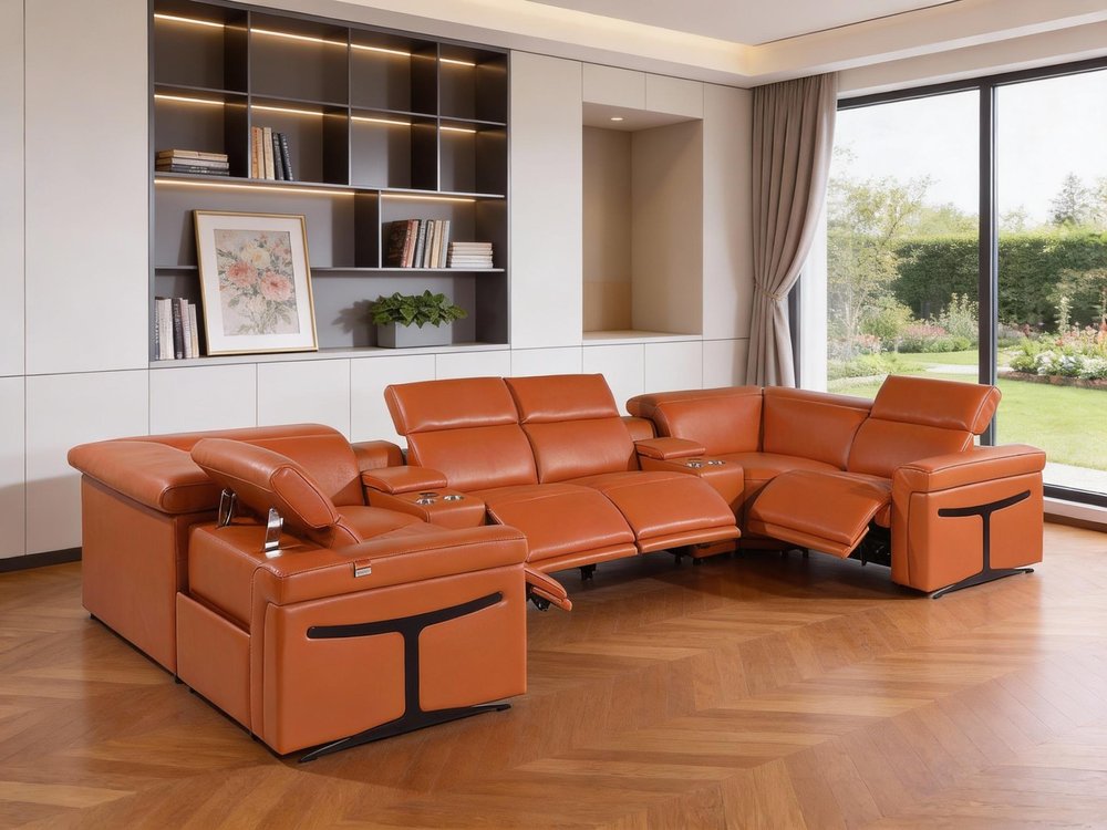 Camel Italian Leather Power Reclining U Shaped Eight Piece Sectional With Console HomeRoots