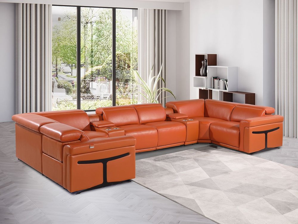 Camel Italian Leather Power Reclining U Shaped Eight Piece Sectional With Console HomeRoots