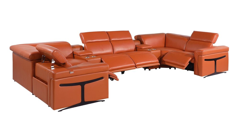Camel Italian Leather Power Reclining U Shaped Eight Piece Sectional With Console HomeRoots