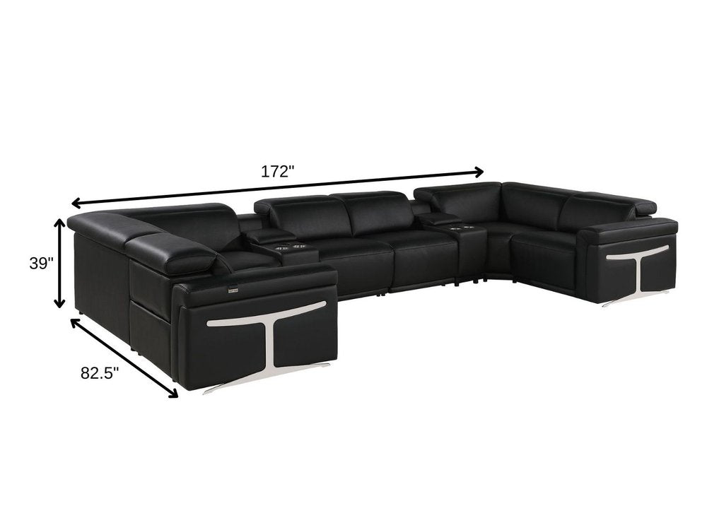 Black Italian Leather Power Reclining U Shaped Eight Piece Sectional With Console HomeRoots