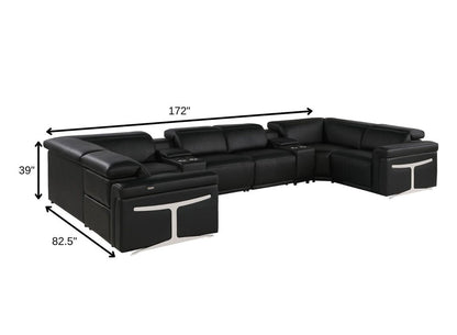 Black Italian Leather Power Reclining U Shaped Eight Piece Sectional With Console HomeRoots